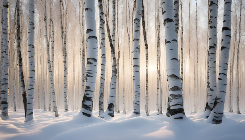 Snow covering a stand of white birch trunks in soft light in soft morning light