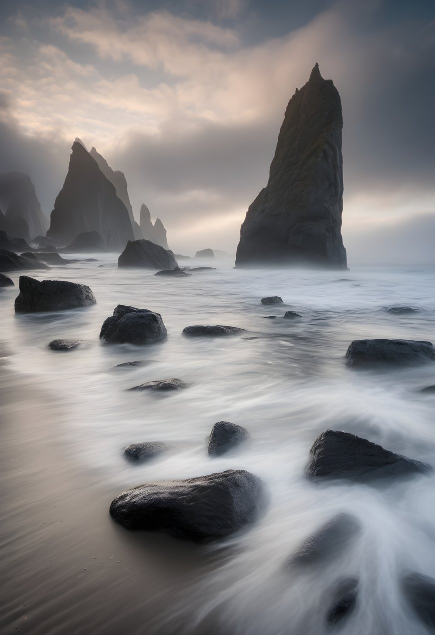 Sea stacks rising from the ocean in morning fog under dramatic clouds