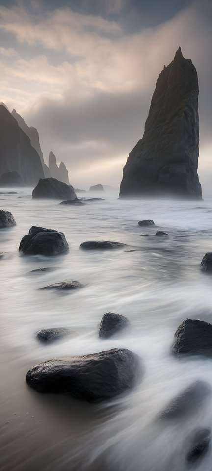 Sea stacks rising from the ocean in morning fog under dramatic clouds