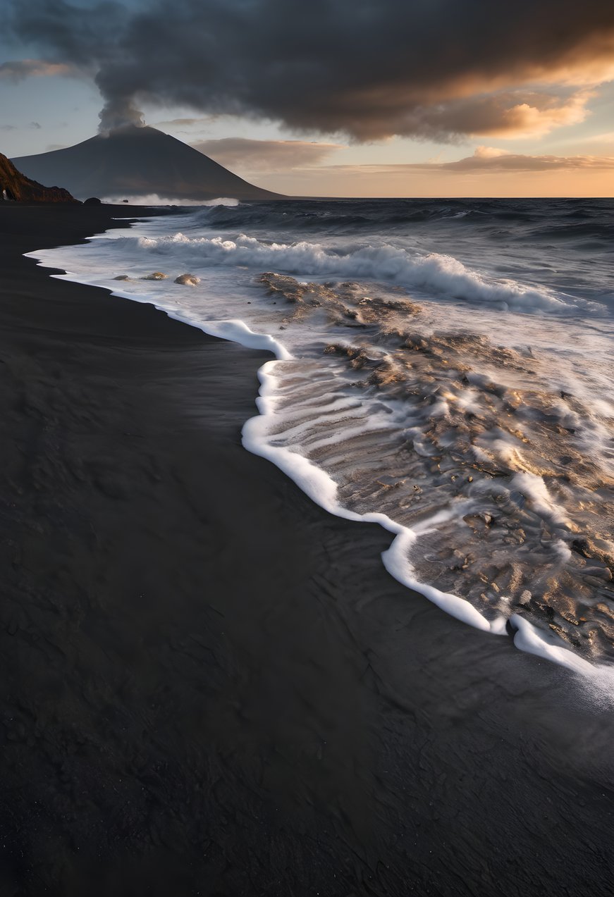 Black sand coastline shaped by volcanic rock at golden hour