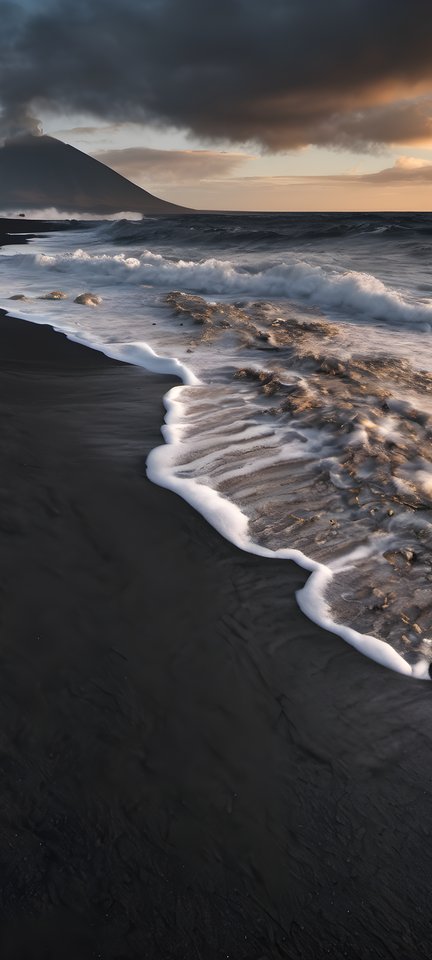 Black sand coastline shaped by volcanic rock at golden hour