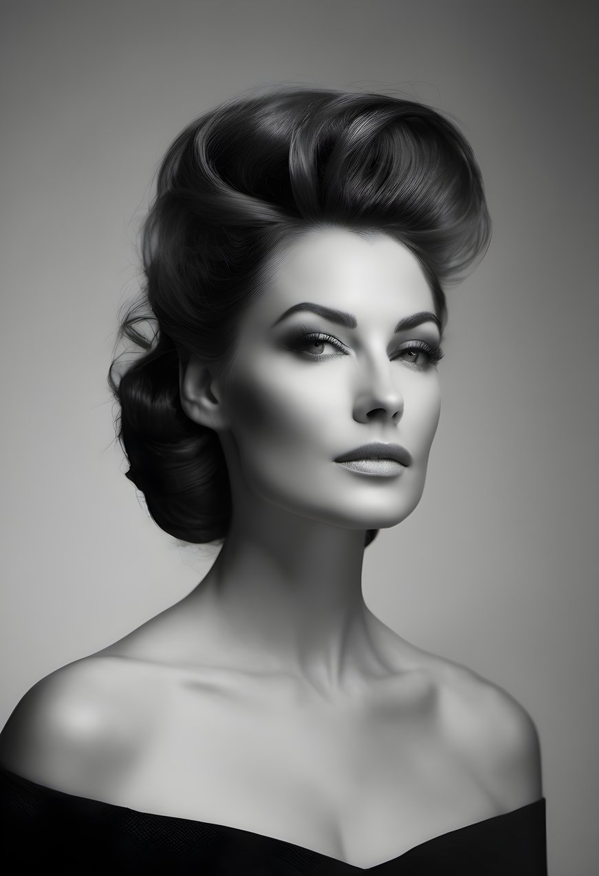 A black and white editorial portrait of a woman in an elegant dress