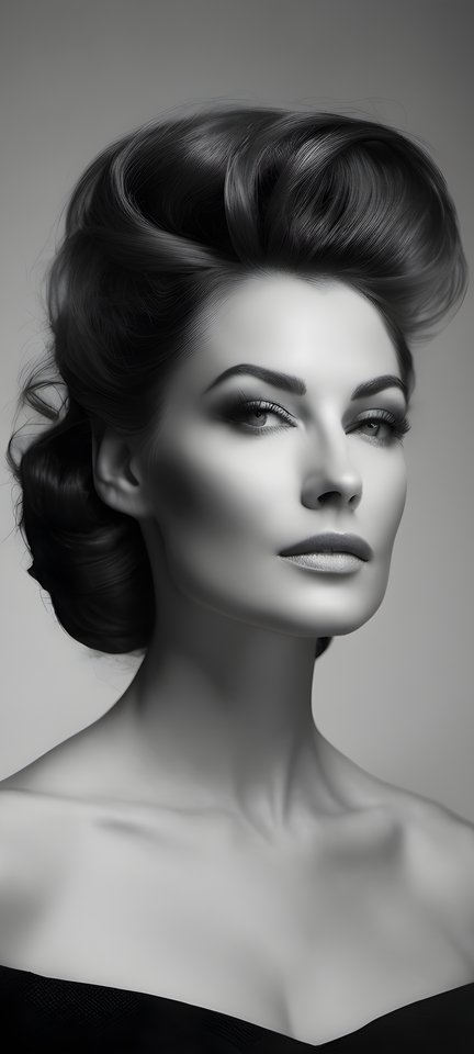 A black and white editorial portrait of a woman in an elegant dress