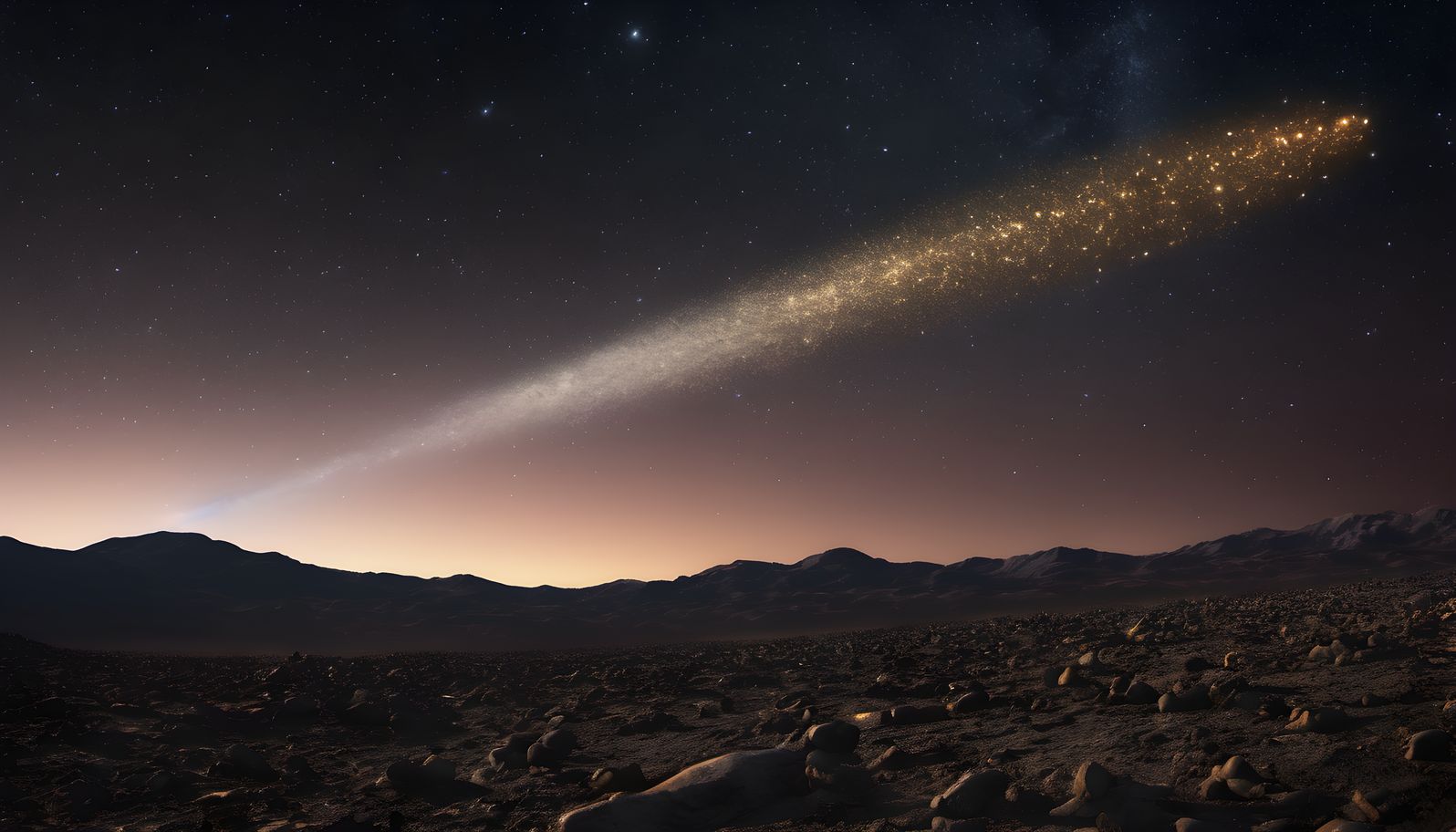 A comet tail sweeping across a dense star field