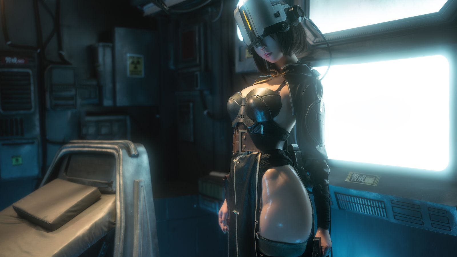 A cyberpunk anime-style woman in futuristic armor stands in a dim metallic sci-fi room lit by glowing teal panels.