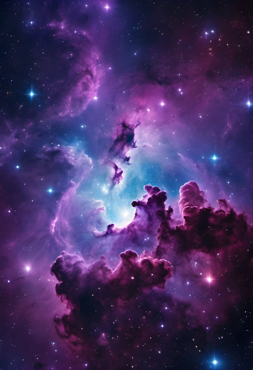 A purple and blue nebula scattered with bright stars in deep space