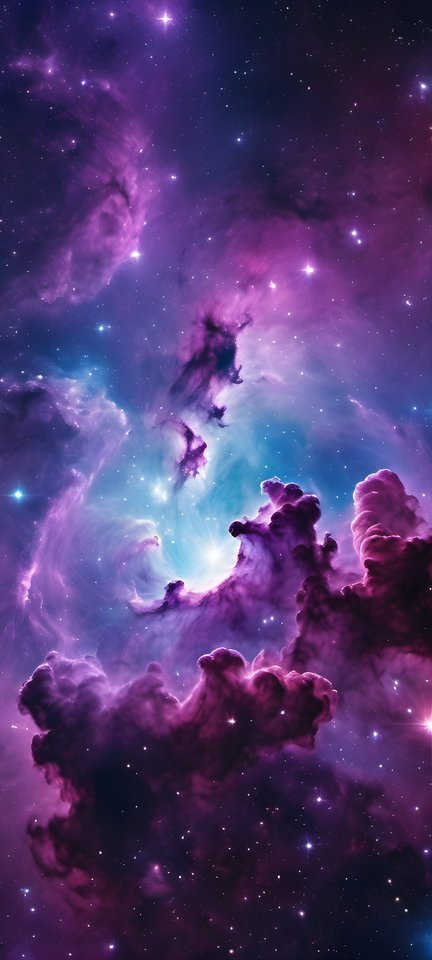 A purple and blue nebula scattered with bright stars in deep space