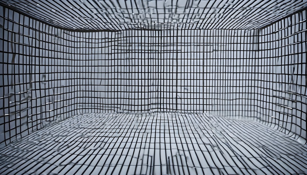 A laser grid projected through a dark room