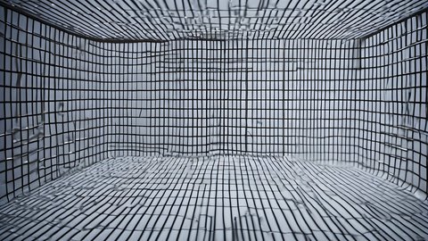 A laser grid projected through a dark room