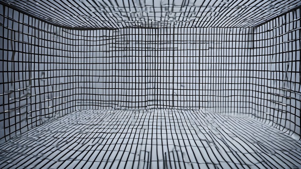 A laser grid projected through a dark room