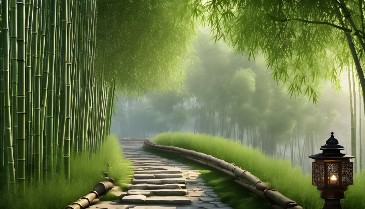 A stone lantern path winding through a bamboo grove in soft morning light
