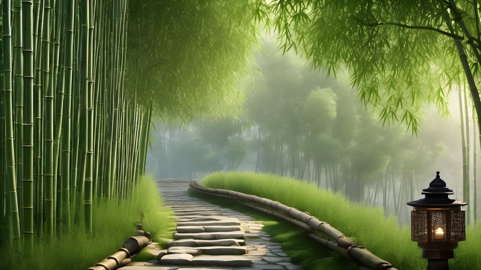 A stone lantern path winding through a bamboo grove in soft morning light