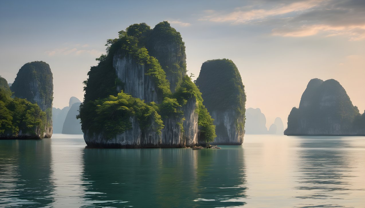 Limestone karst islands rising from a calm bay in soft morning light