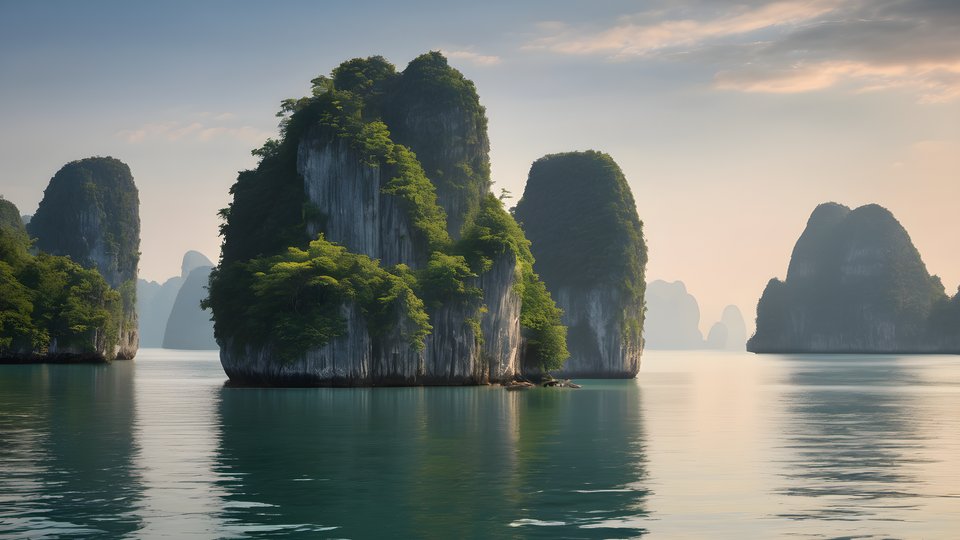 Limestone karst islands rising from a calm bay in soft morning light