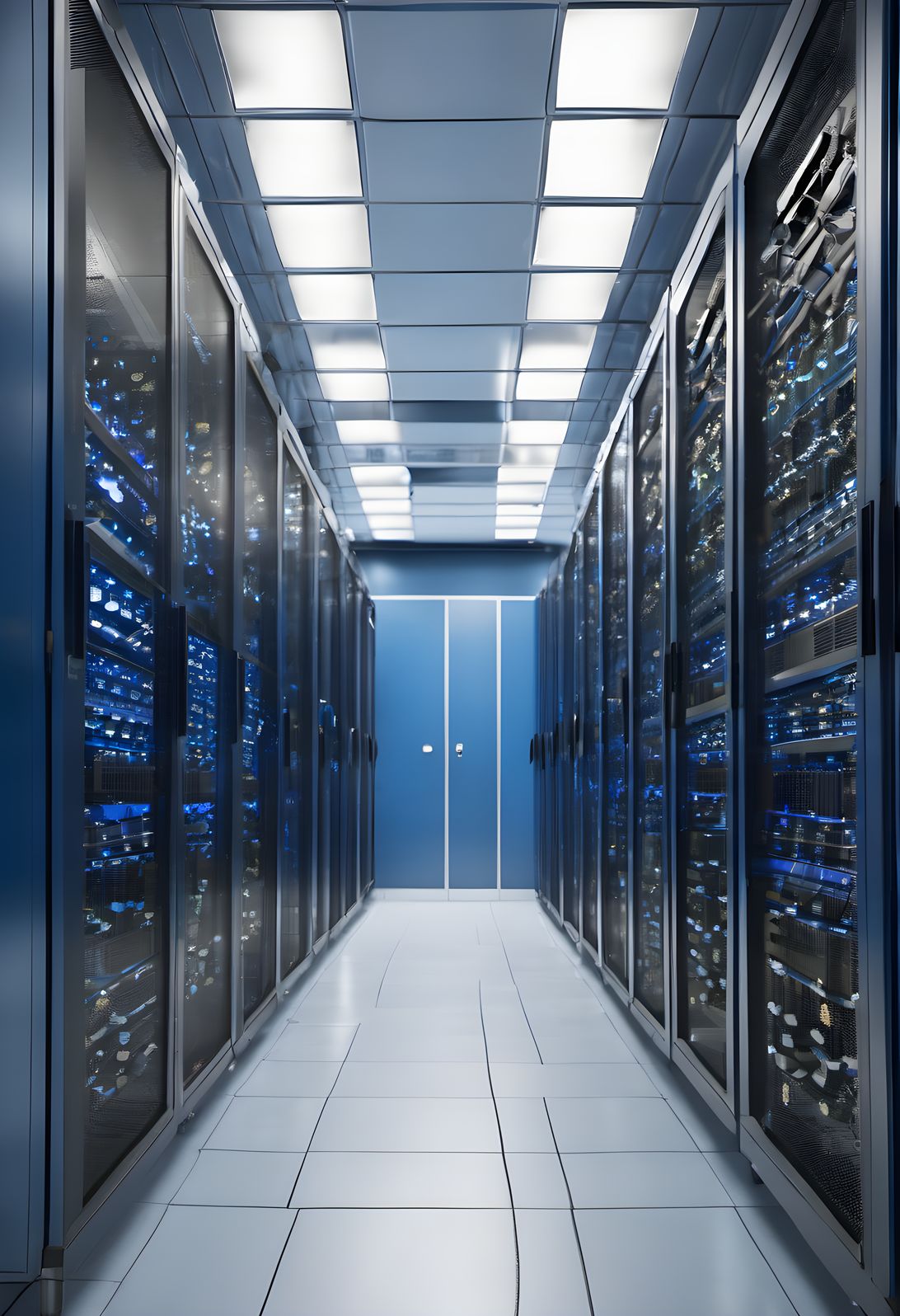 Server aisles glowing blue in a data center with shallow depth of field