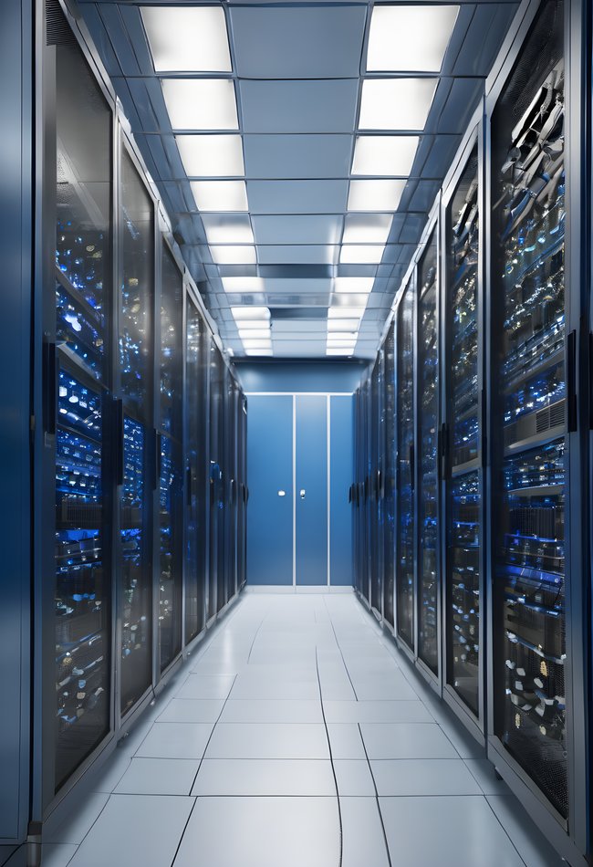 Server aisles glowing blue in a data center with shallow depth of field