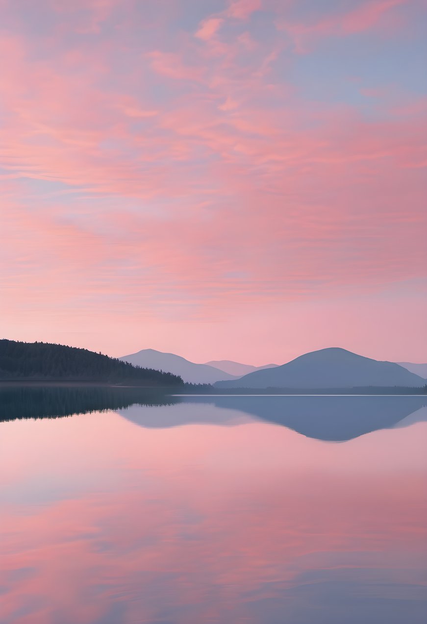 Pastel sunrise over a calm mountain lake with soft pink sky reflections
