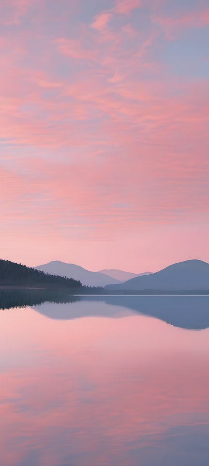 Pastel sunrise over a calm mountain lake with soft pink sky reflections