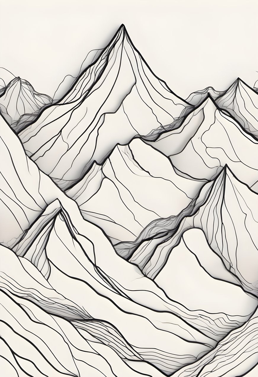 A mountain range drawn with a single continuous line on off white