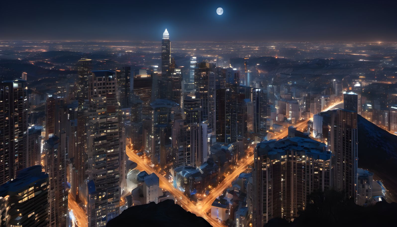 Skyscrapers forming a canyon of lit windows at night at blue hour