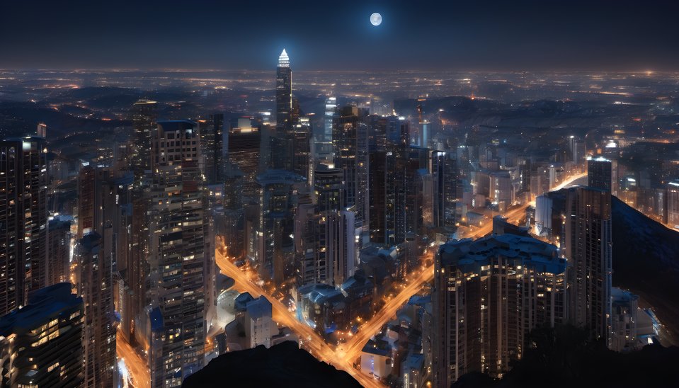 Skyscrapers forming a canyon of lit windows at night at blue hour