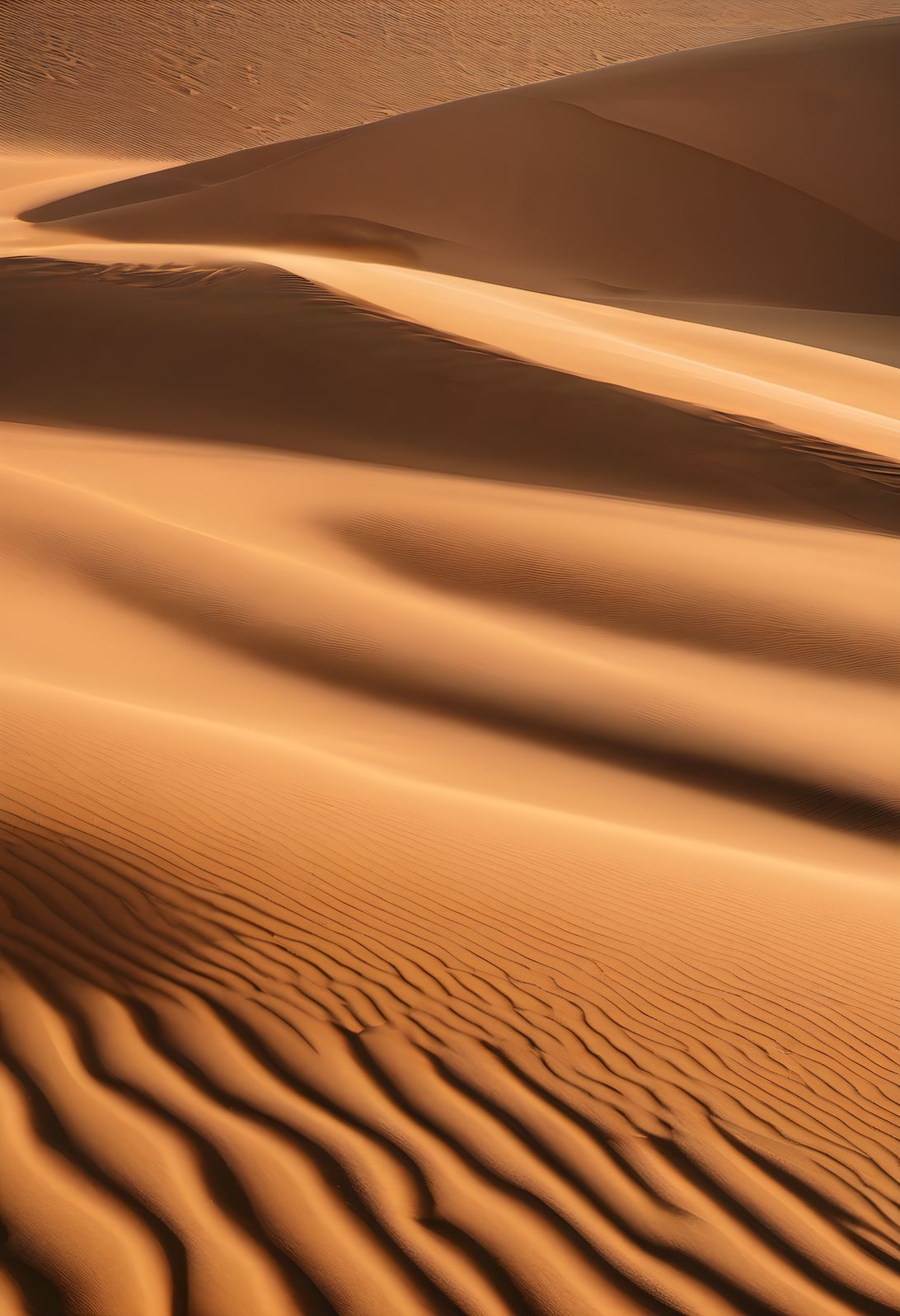 Golden light and long shadows crossing rippled desert sand dunes