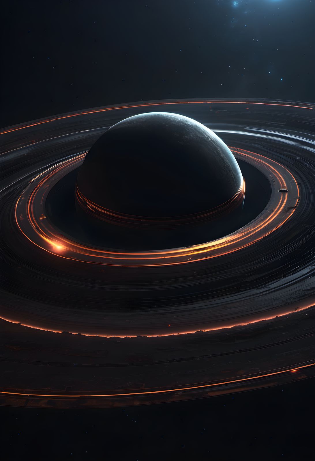 A dark planet with a thin glowing ring with deep rich color