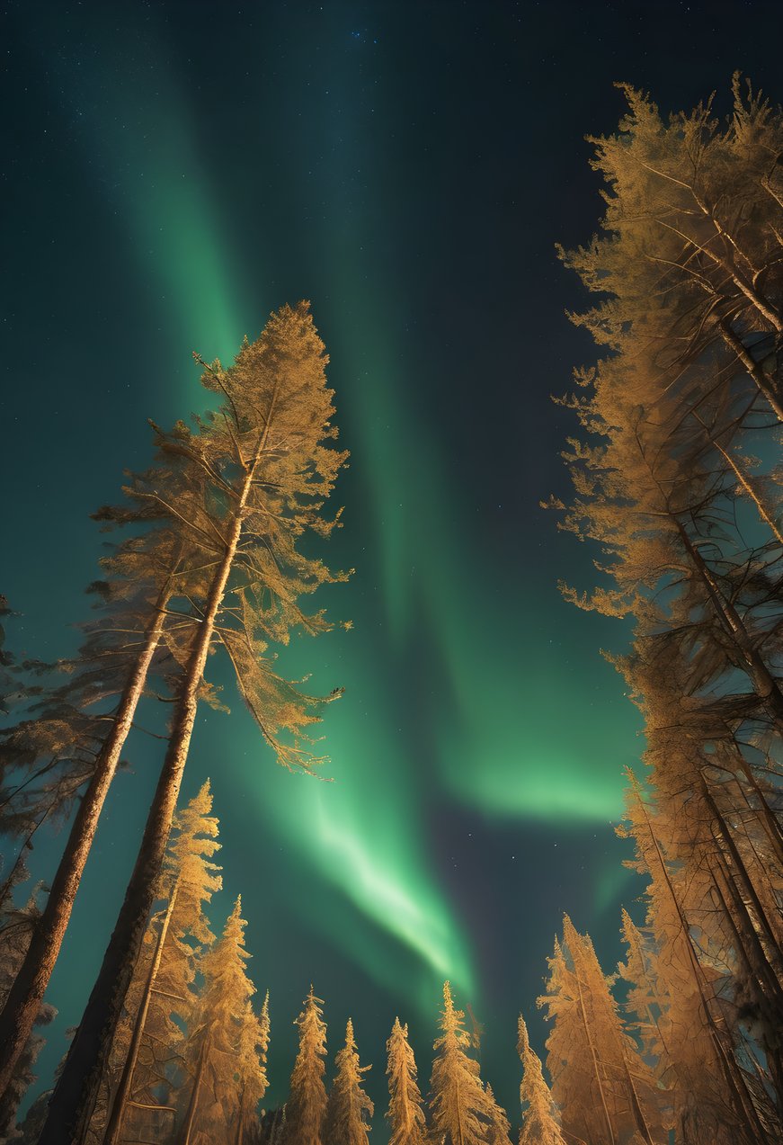 Northern lights dancing above a silhouetted pine forest at golden hour