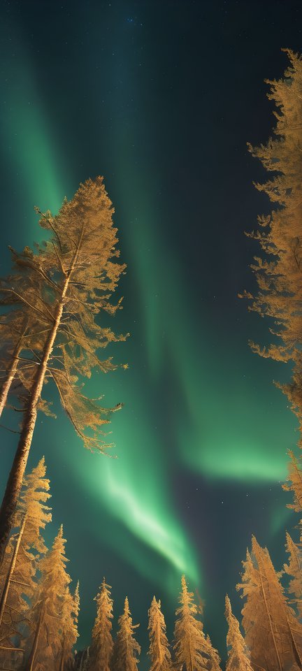 Northern lights dancing above a silhouetted pine forest at golden hour