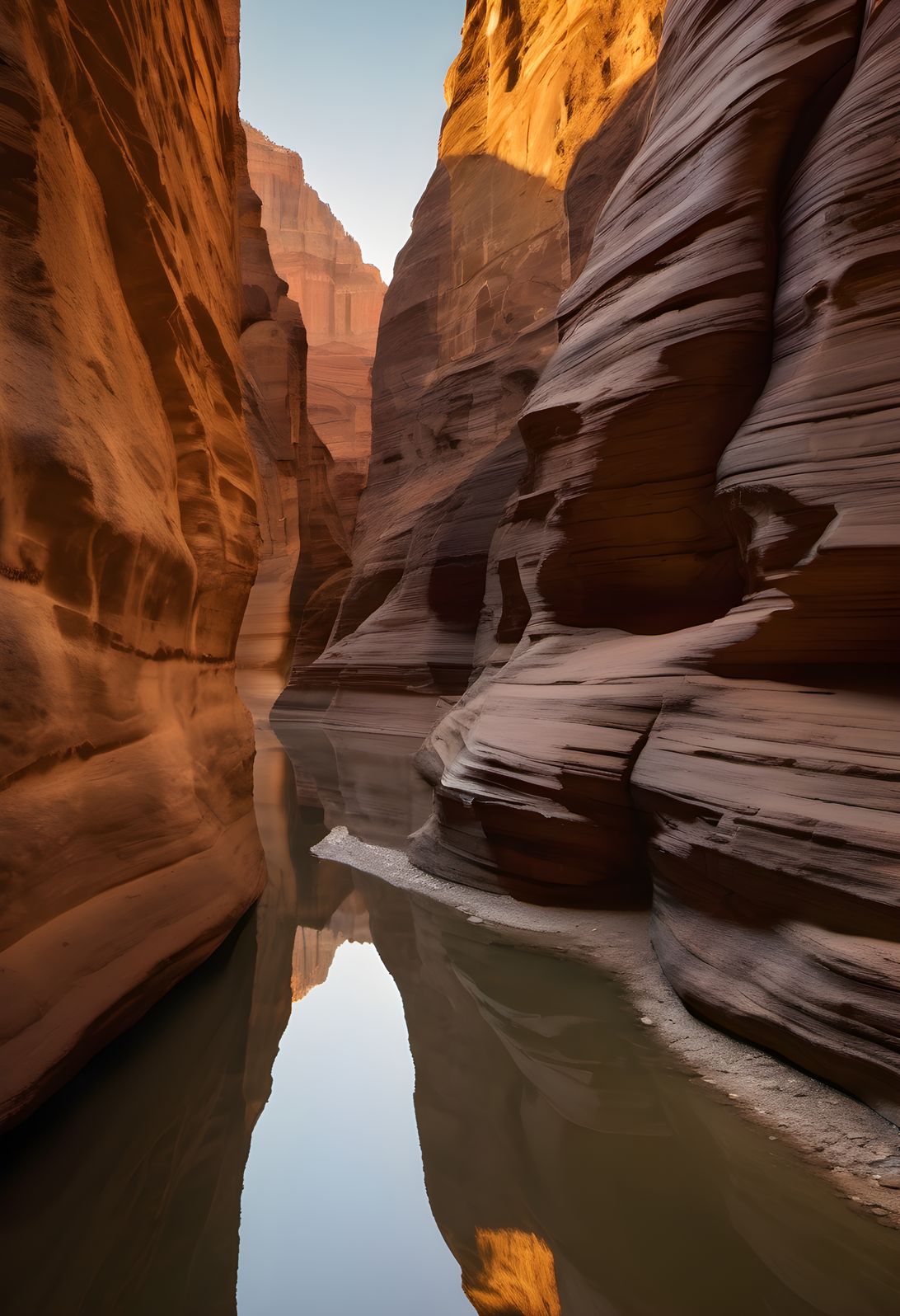 Reflected light bouncing through a narrow slot canyon at golden hour