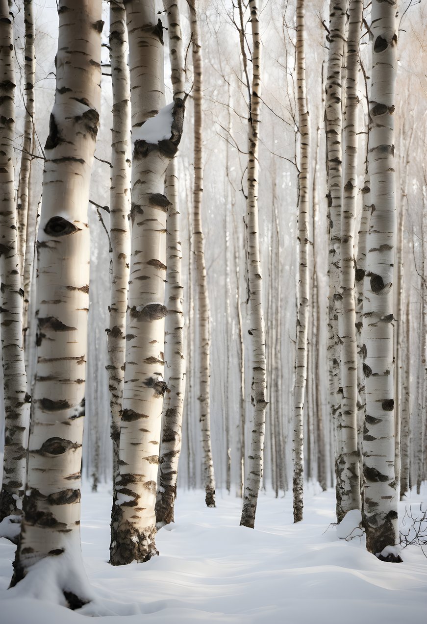 Snow covering a stand of white birch trunks in soft light