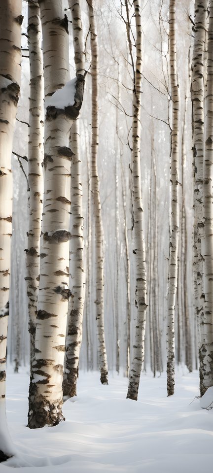 Snow covering a stand of white birch trunks in soft light