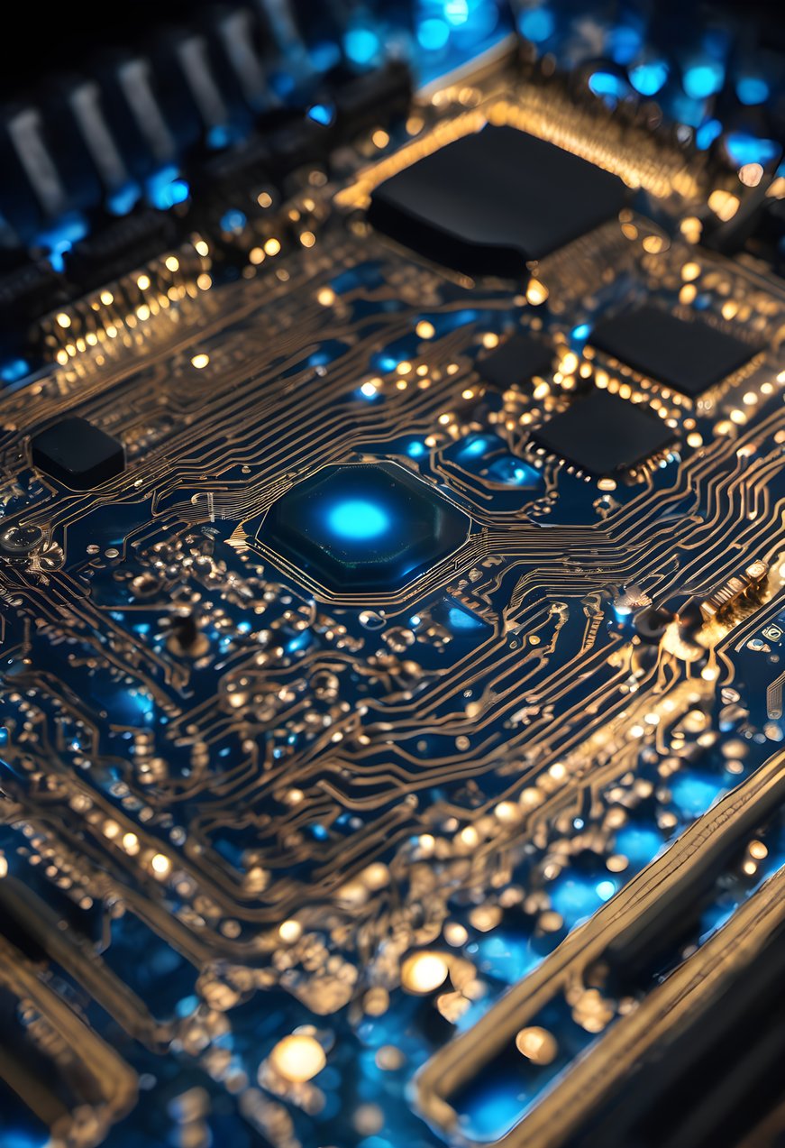 Glowing blue traces across a dark circuit board in macro view