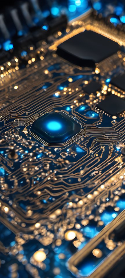 Glowing blue traces across a dark circuit board in macro view