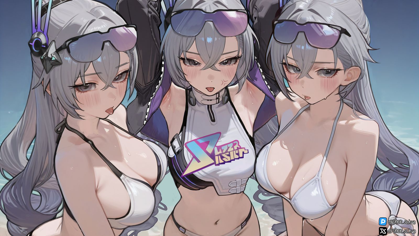 Three anime girls with long gray hair wearing swimsuits and sunglasses at the beach.