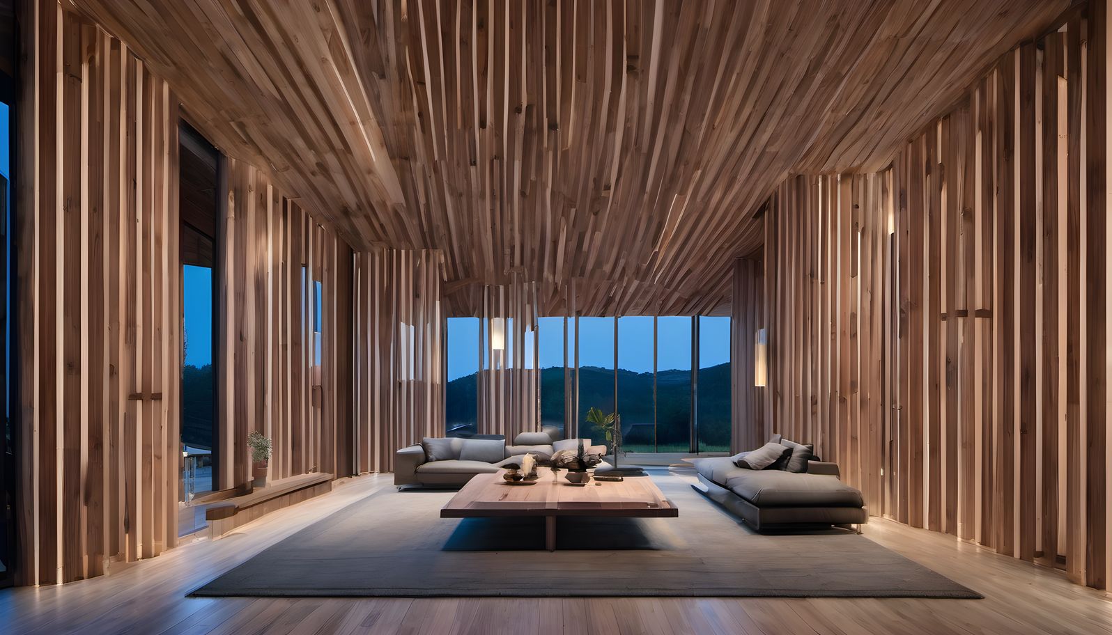 A modern cathedral interior built in warm timber at blue hour