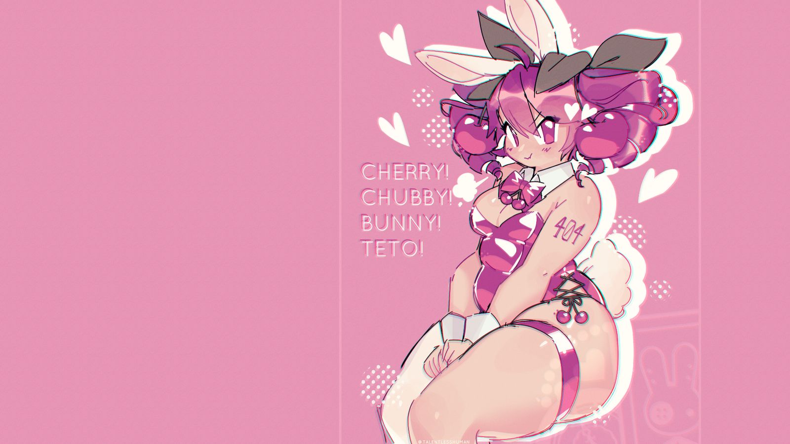 A cute anime bunny girl with pink hair, cherries, and rabbit ears poses against a pink background.