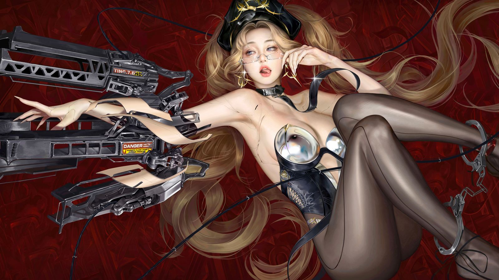 Digital illustration of a blonde anime woman in futuristic attire wielding a large mechanical sci-fi weapon on a red background.
