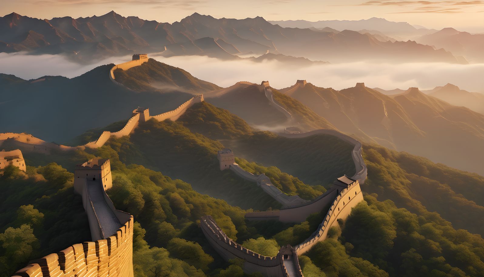 The great wall winding over mountain ridges at sunrise with valley mist