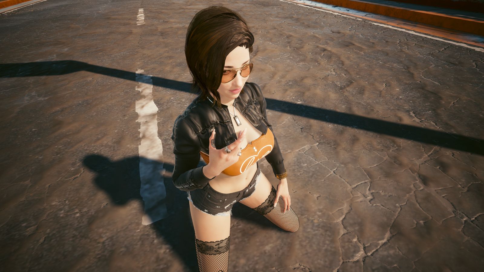 A 3D rendered game character with short brown hair and sunglasses posing on cracked asphalt pavement.