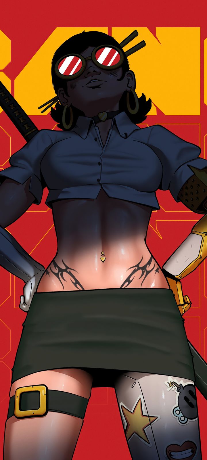 Illustration of a swordswoman with striped sunglasses, a katana on her back, and robotic arms against a red background with bold yellow typography.