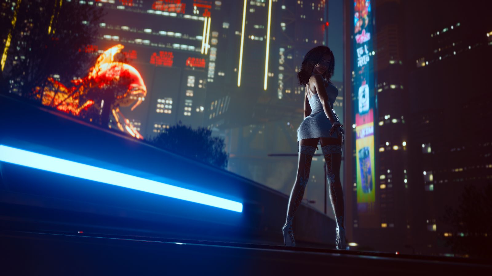A woman in a short dress stands on an elevated roadway against a neon-lit cyberpunk cityscape at night.