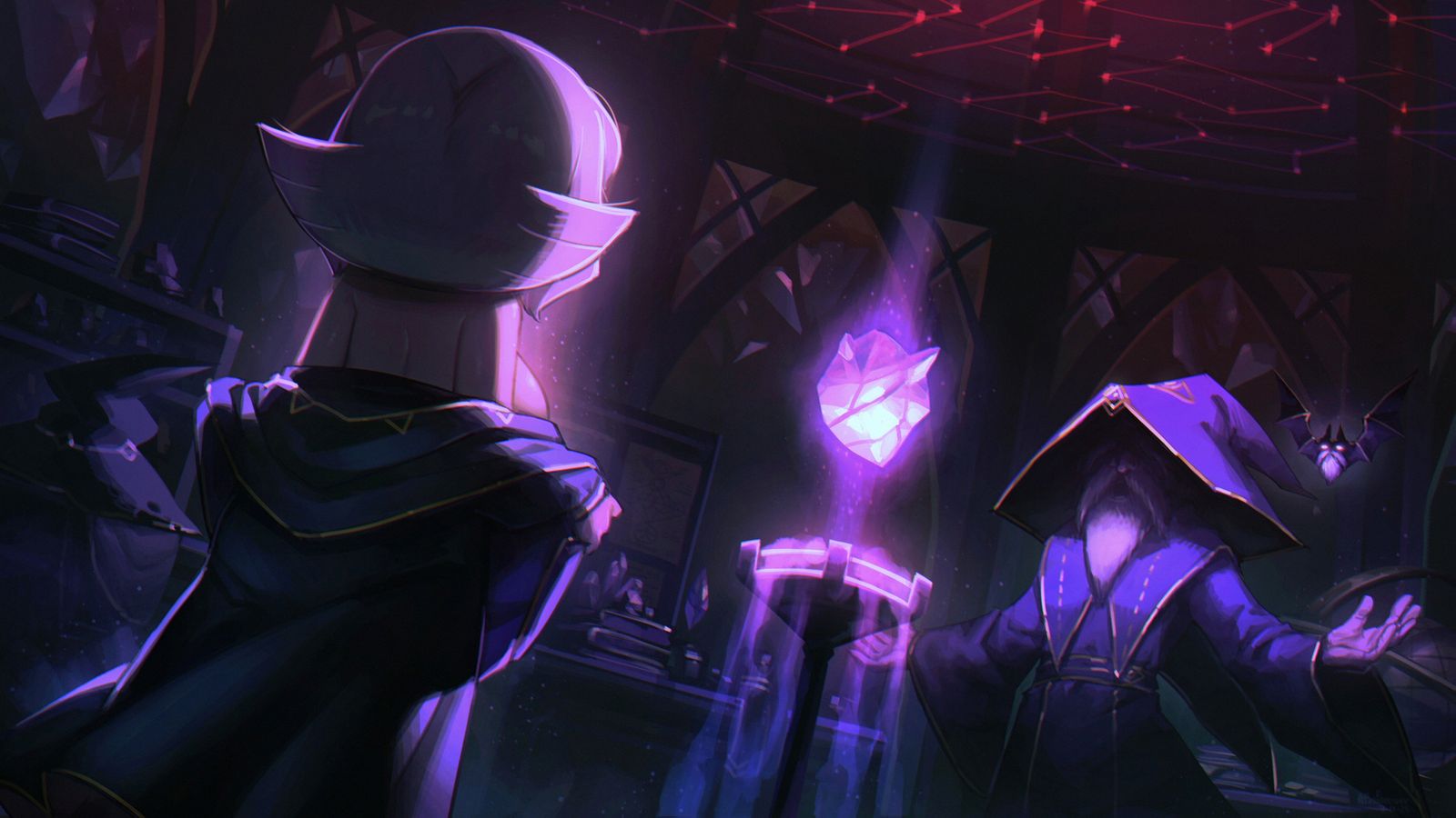 A white-haired girl in a dark cloak faces a hooded bearded figure beside a floating glowing purple crystal in a dim hall.