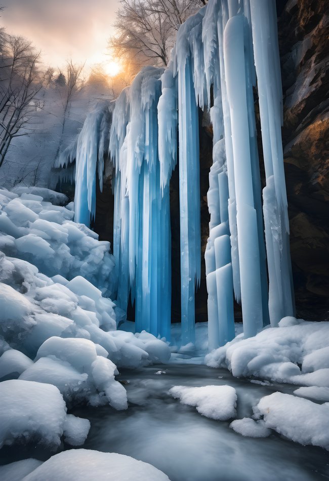 A waterfall frozen into blue ice columns at golden hour