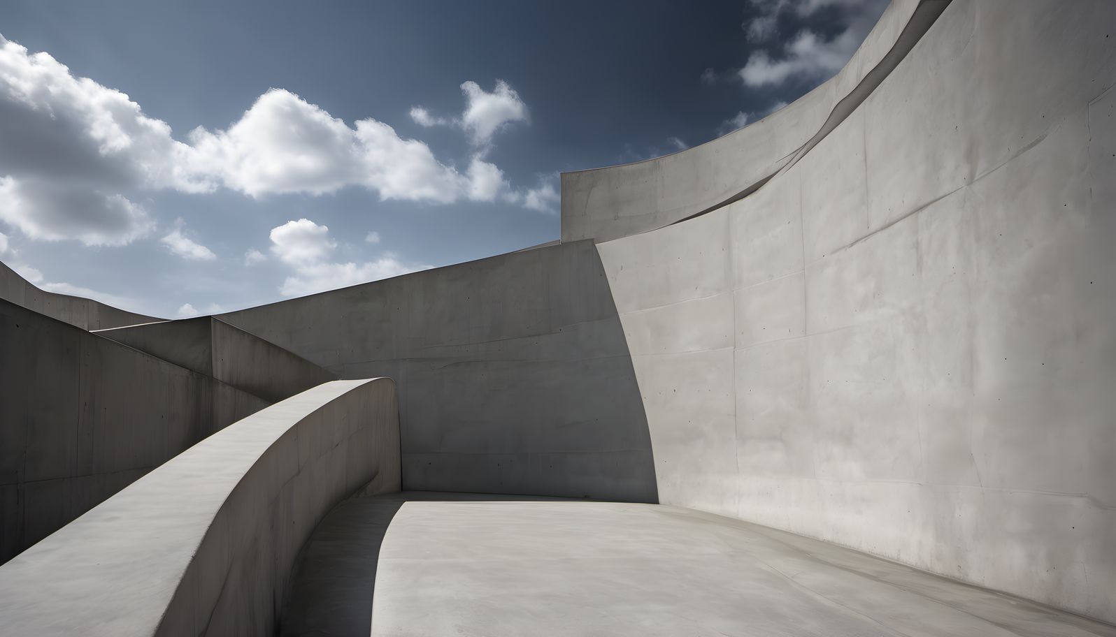 A concrete spiral ramp drawn against the sky in dramatic side light