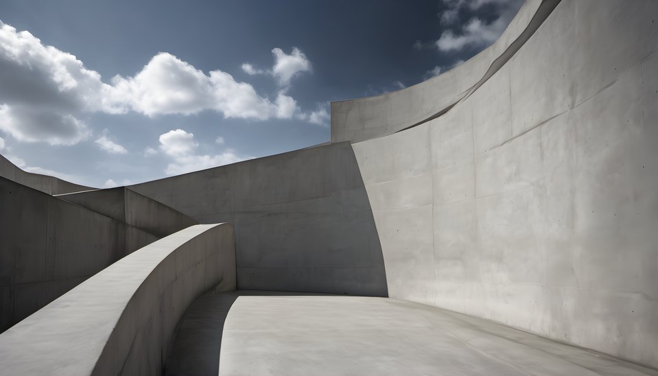 A concrete spiral ramp drawn against the sky in dramatic side light