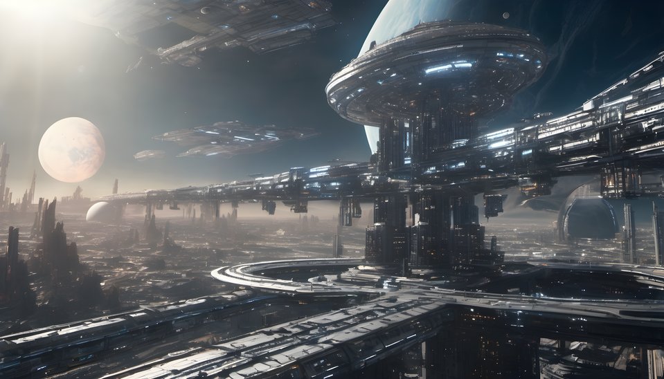 A massive space station orbiting a blue planet along the terminator line