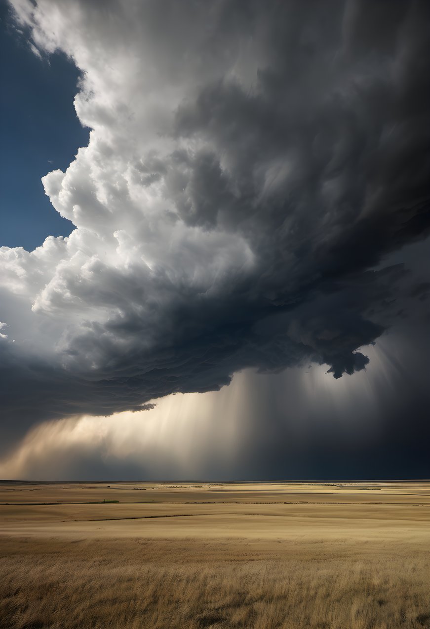 Storm clouds building over open grassland plains under dramatic clouds