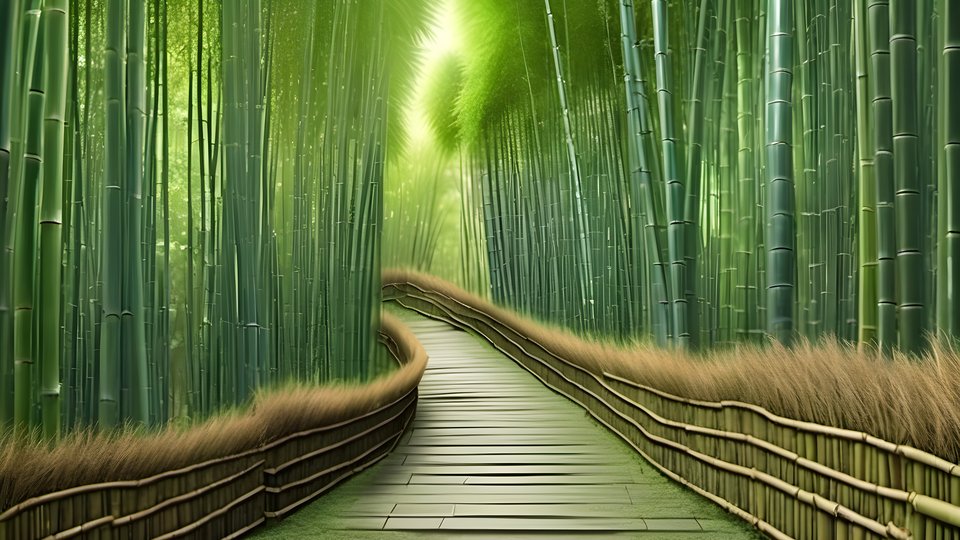 A path leading through tall bamboo with soft green filtered light