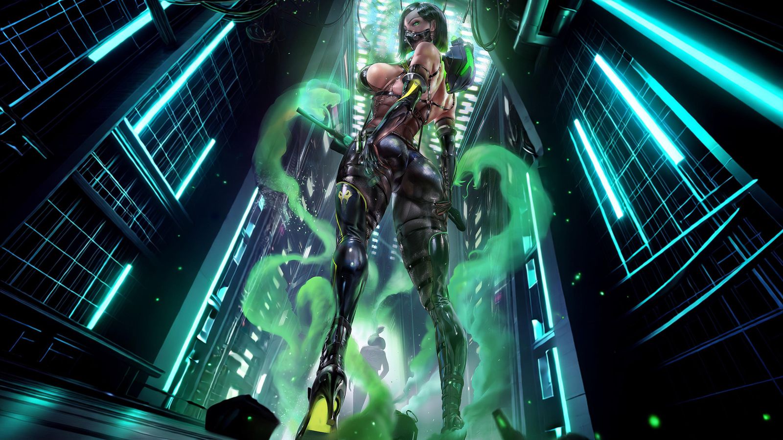 A cyberpunk female assassin in black tactical gear stands in a neon-lit corridor surrounded by glowing green smoke.